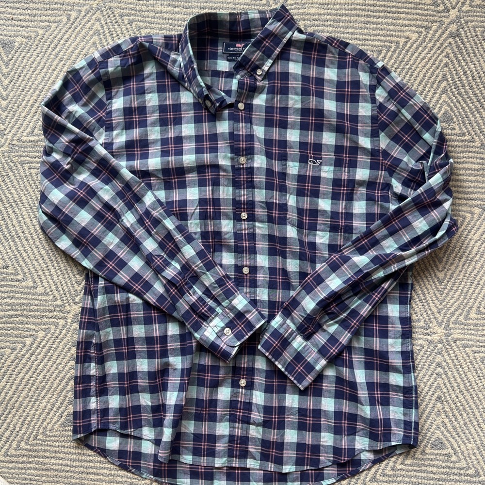 Vineyard Vines Tucker Short Sleeve Button Shirt -‎ White/Blue/Pink - Medium